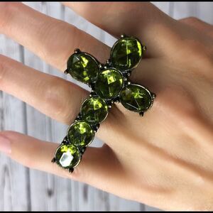 Cross Double Two-Finger Ring Green stones 6